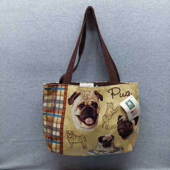 Linda Picken Pug Tapestry Shoulder Tote Bag With Brown Handles Made In USA - Picture 1 of 9